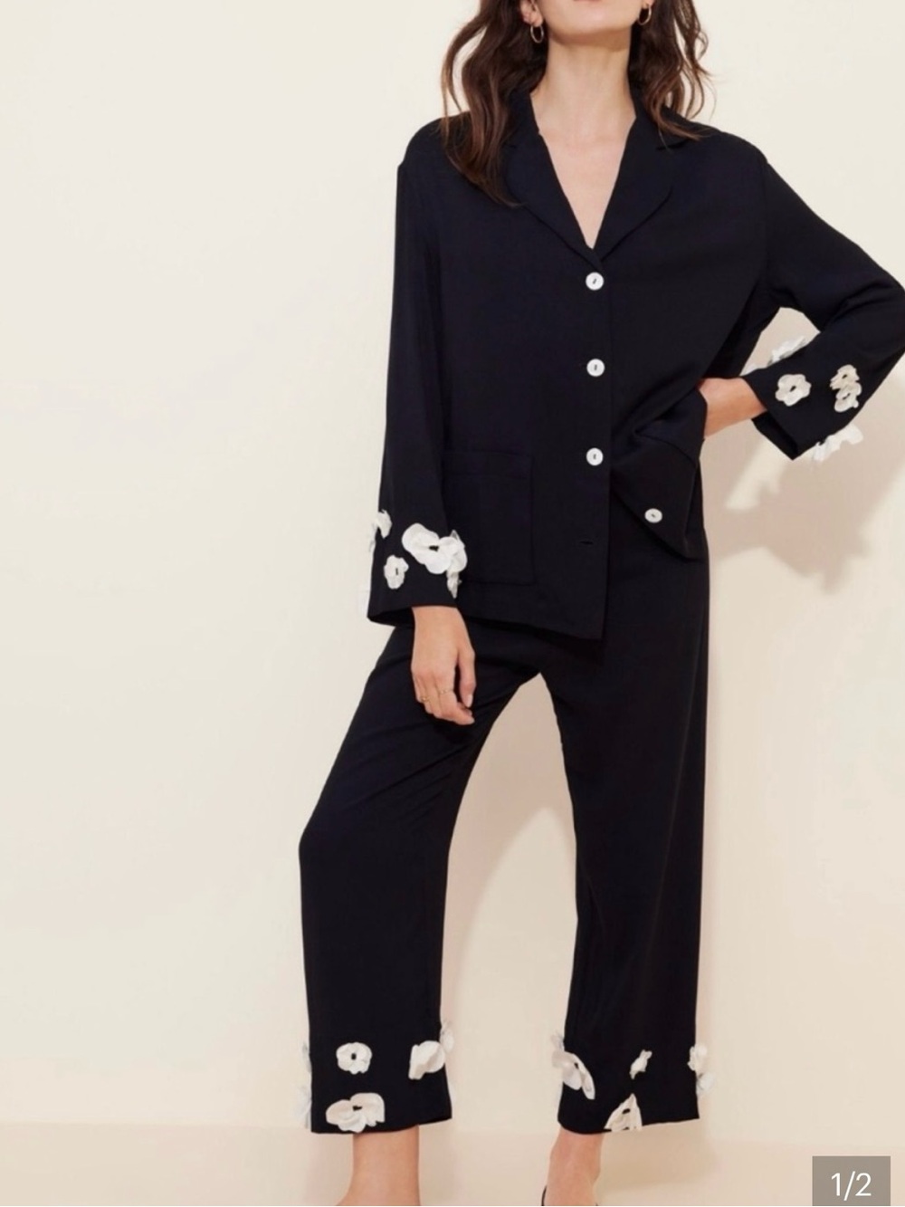 Sleeper Black Pajama pants with White Floral Appliqué